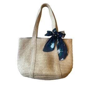 Draper James Straw Tote Bag with Navy Floral Bow